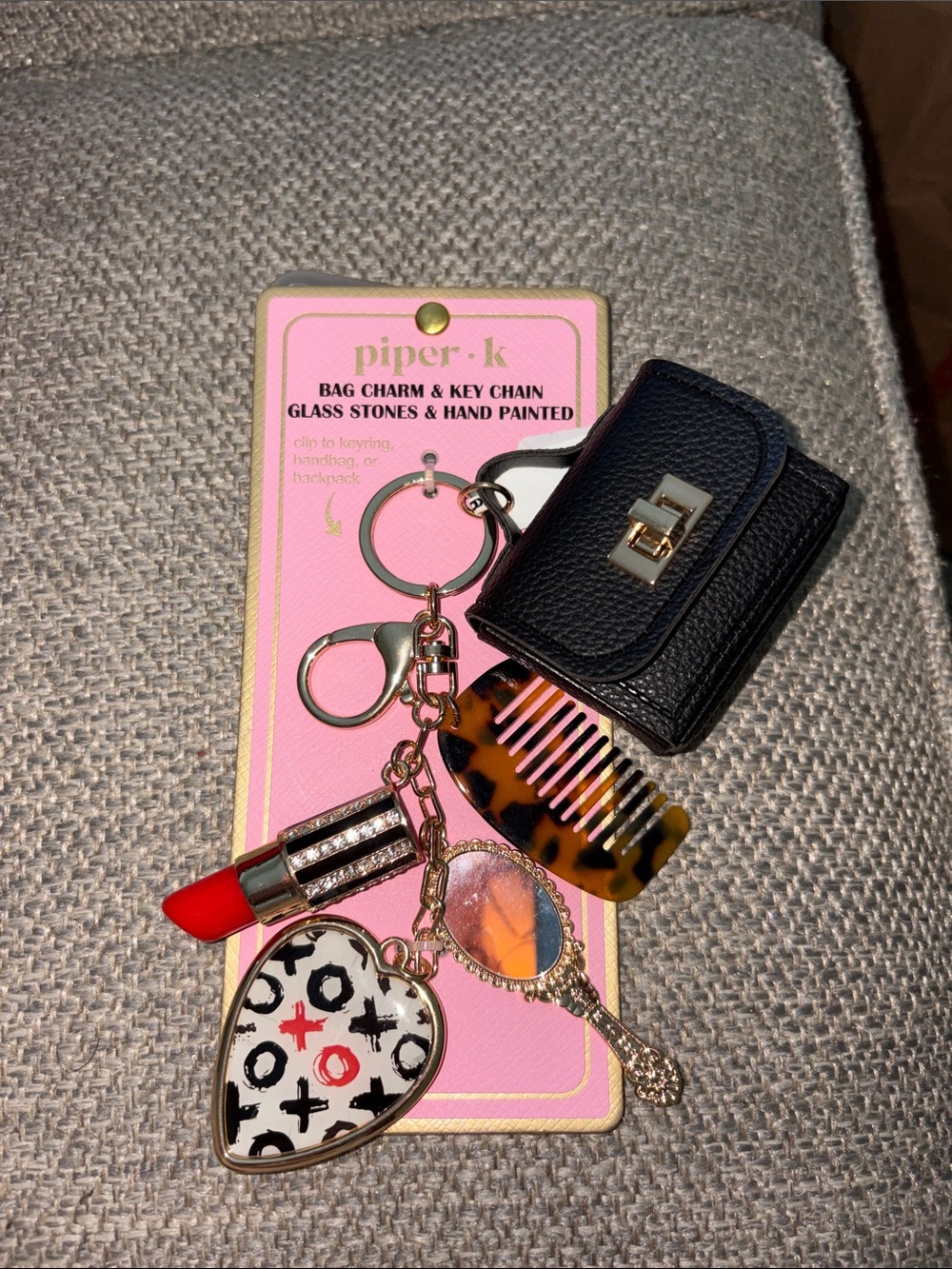 Piper Black Mini Purse Keychain with Red Lipstick & Tortoiseshell Comb